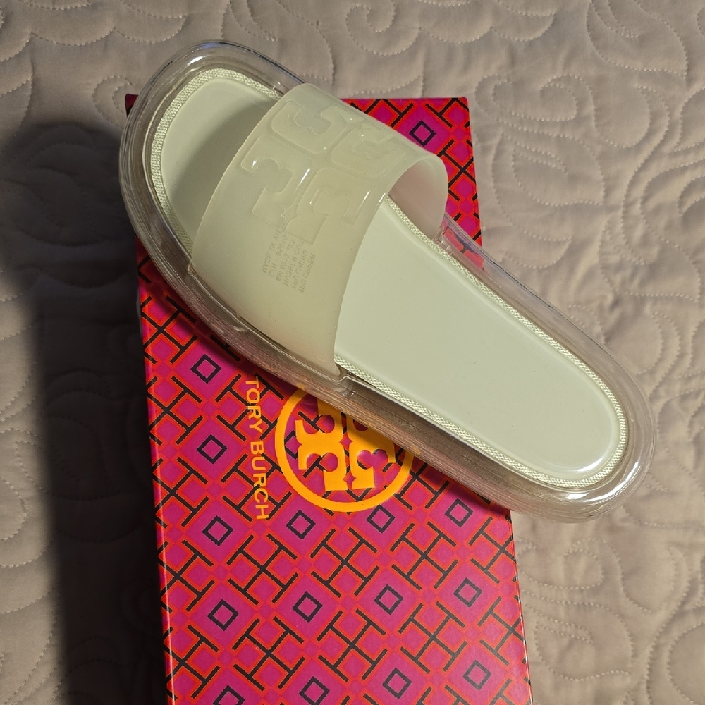 Tory Burch Cream and Clear Slide Sandals